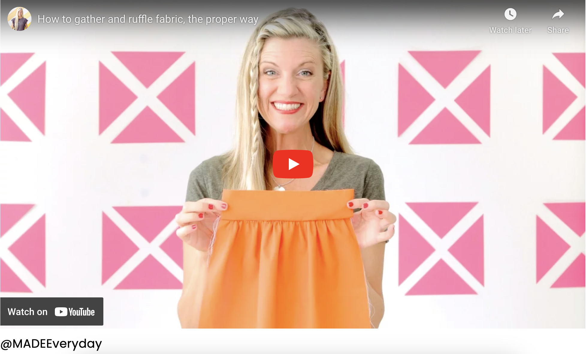 A close-up image showing evenly gathered fabric created by pulling the bobbin threads of a basting stitch.