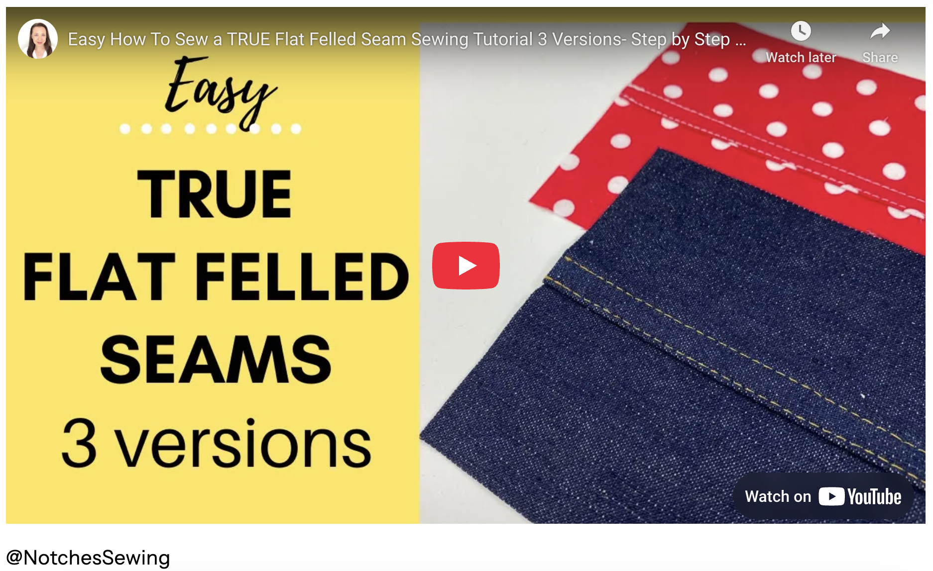 A detailed shot of denim fabric showing the completed topstitching of a professional flat felled seam.