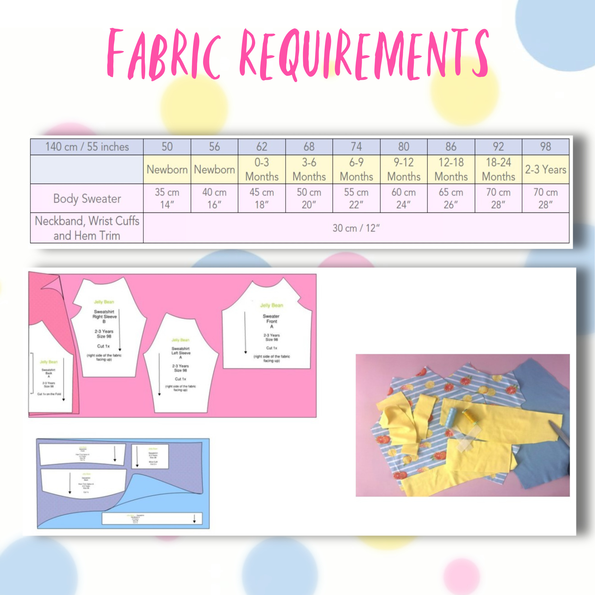 Fabric requirement chart for Jelly Bean Sweatshirt, pdf sewing pattern, Frocks and Frolics,