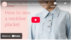 Step-by-step video tutorial on how to sew a button placket for shirts and polo tops, showing folded fabric strips with neat topstitching and finished buttonholes; accessible sewing instruction by SewShare for beginners and advanced sewists.