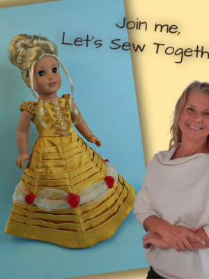 doll princess dress, with classic pleated skirt, belle dress, beauty and the beast, sewing pattern, 18 inch dolls, doll clothes, frocks and frolics, with video tutorial, sewing with Marina
