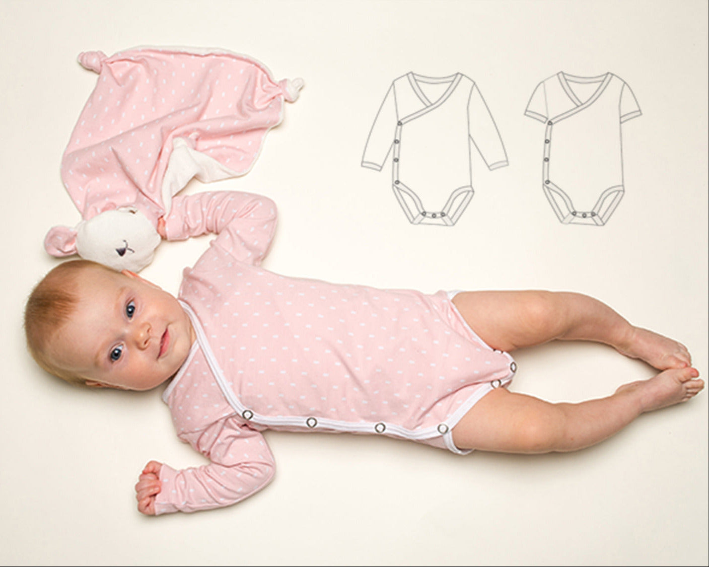 Children’s wrap bodysuit pattern Ebook pdf sizes: 38/44 premature babies, 50/56, 62/68, 74/80, 86/92 CIELO