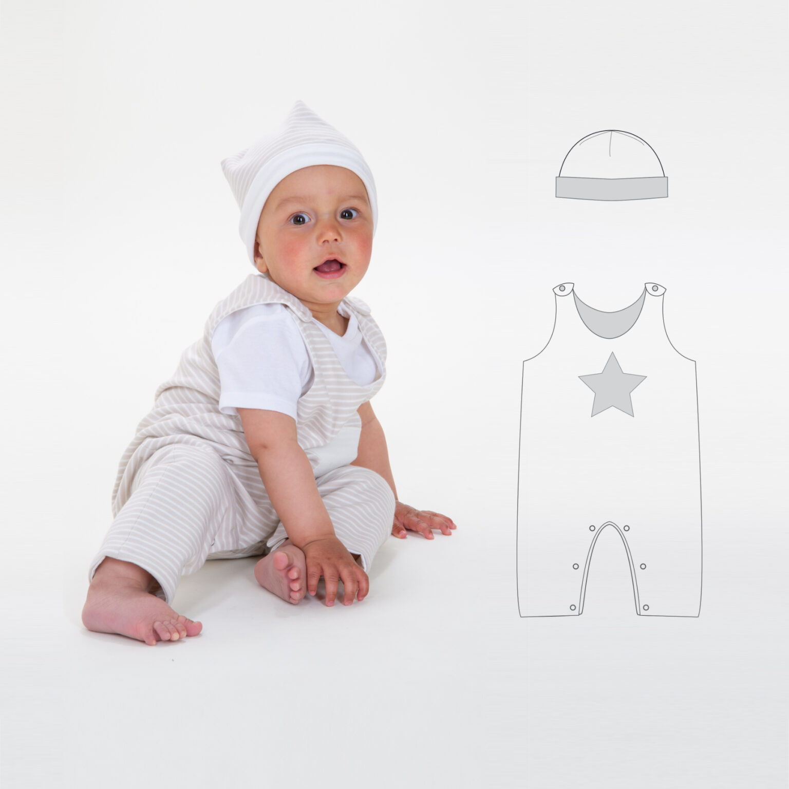 SAND Reversible Baby Romper & BUBU Hat Sewing Pattern PDF | Footless Overall 1M–3Y | Two Looks in One | Instant Download