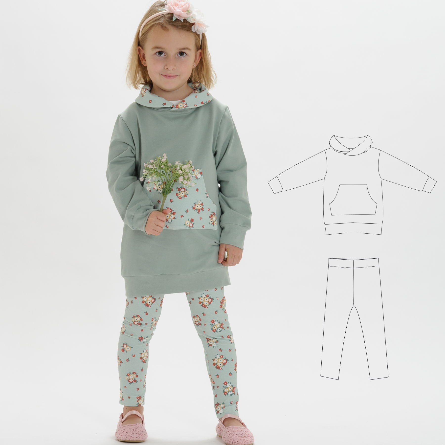 Arwen Hoodie & Enna Leggings Sewing Pattern PDF | Girls’ Outfit Set 12M–11Y | Hood or Shawl Collar | Instant Download