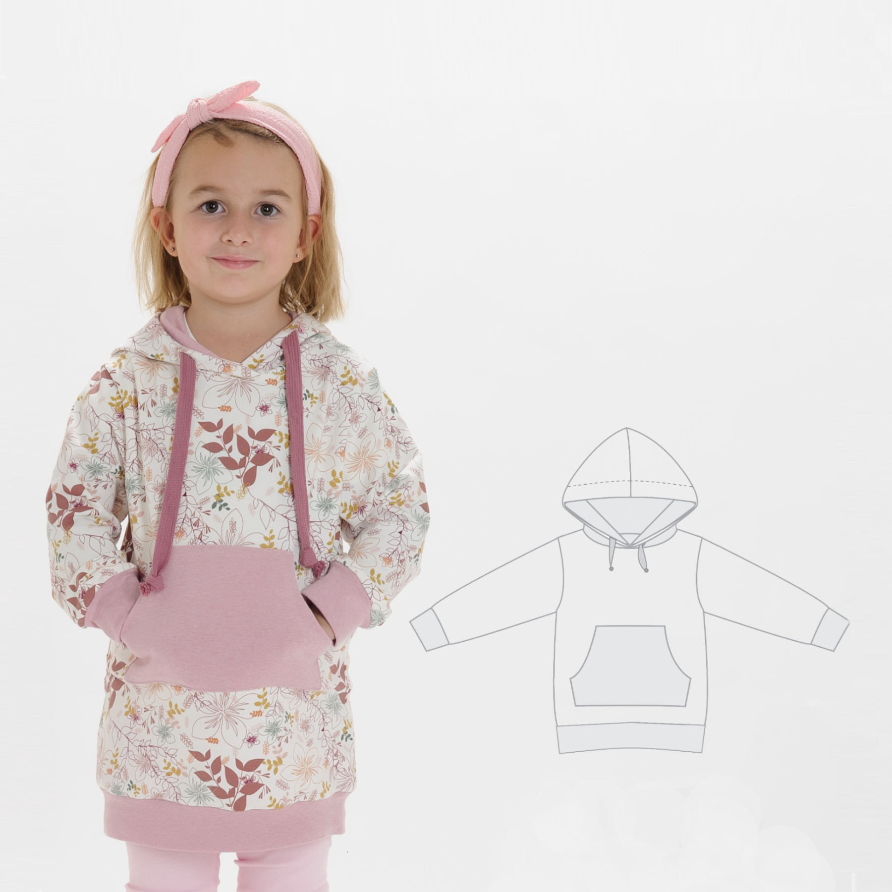 ARWEN Girls’ Hoodie Tunic Sewing Pattern PDF | Hood or Shawl Collar | Kangaroo Pocket | Sizes 12m–11y | Patternforkids
