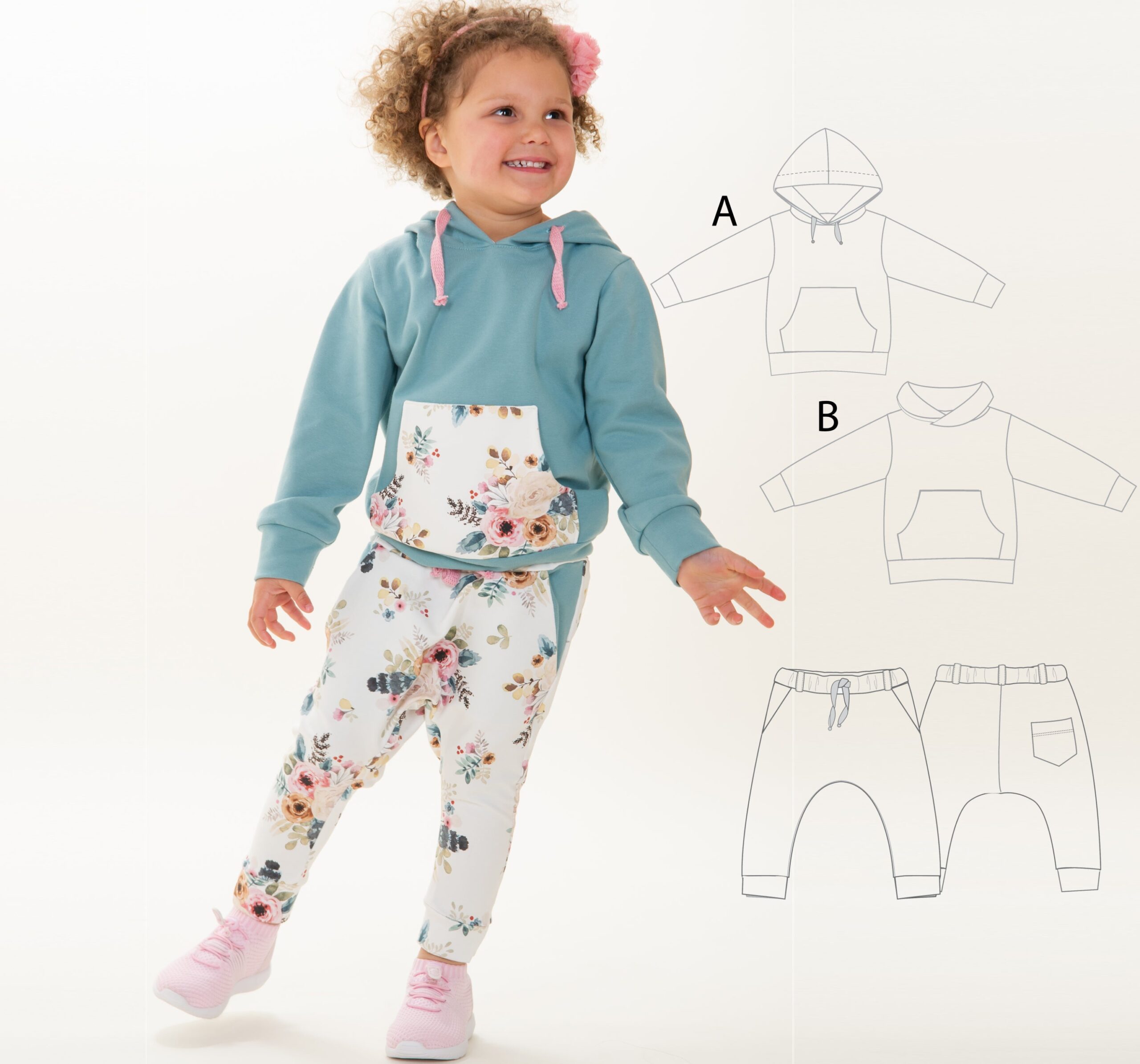 Sewing patterns sweatshirt hoodie and harem pants, jogging pants FLY and DADO from Patternforkids