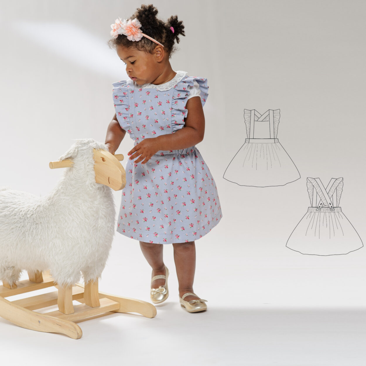 Sewing Pattern Pinafore LIVIA PDF Ruffles Straps Sizes 6m-7y