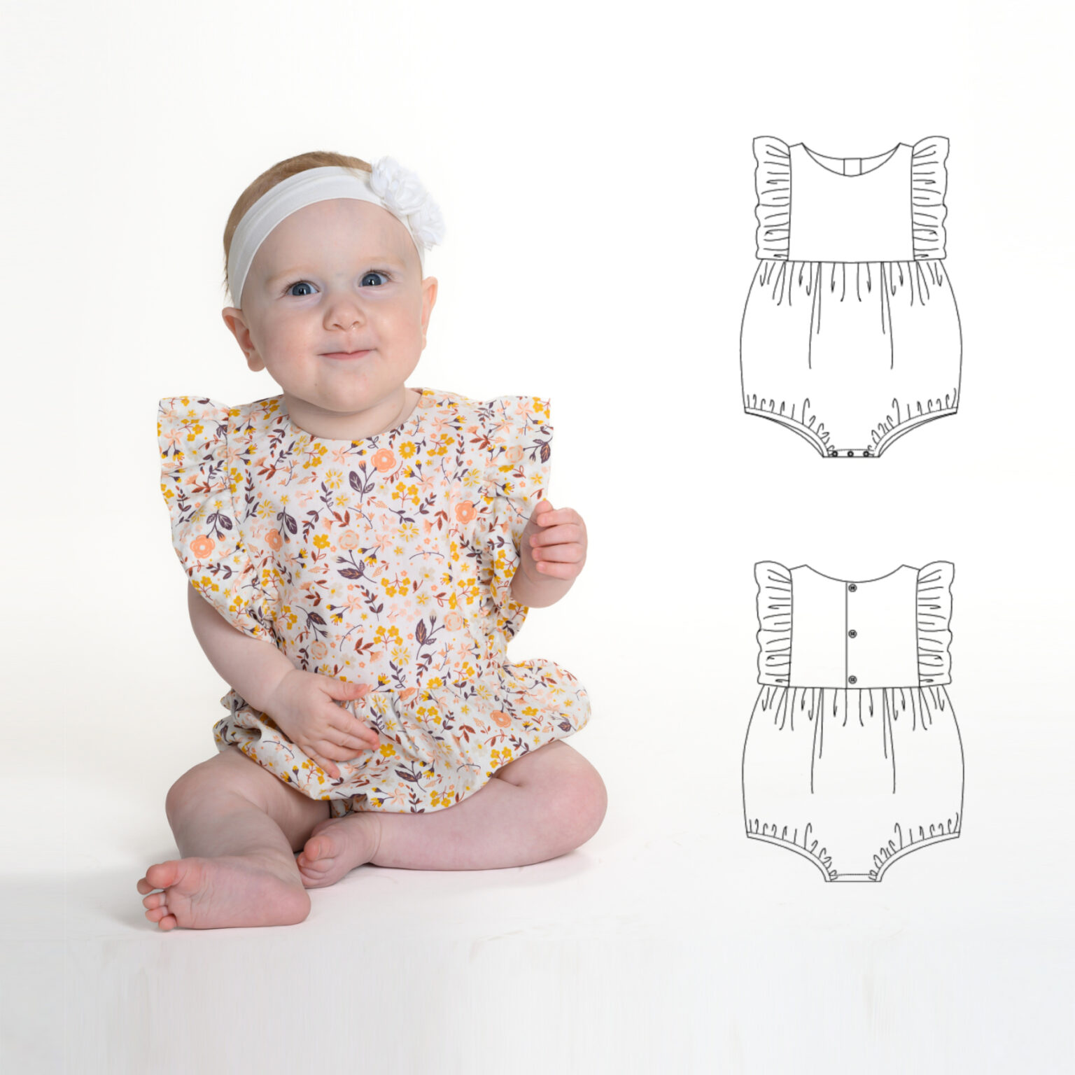 Sewing Pattern Baby Girl Romper CHIARA PDF Ruffles Snaps Sizes 0m-2y
