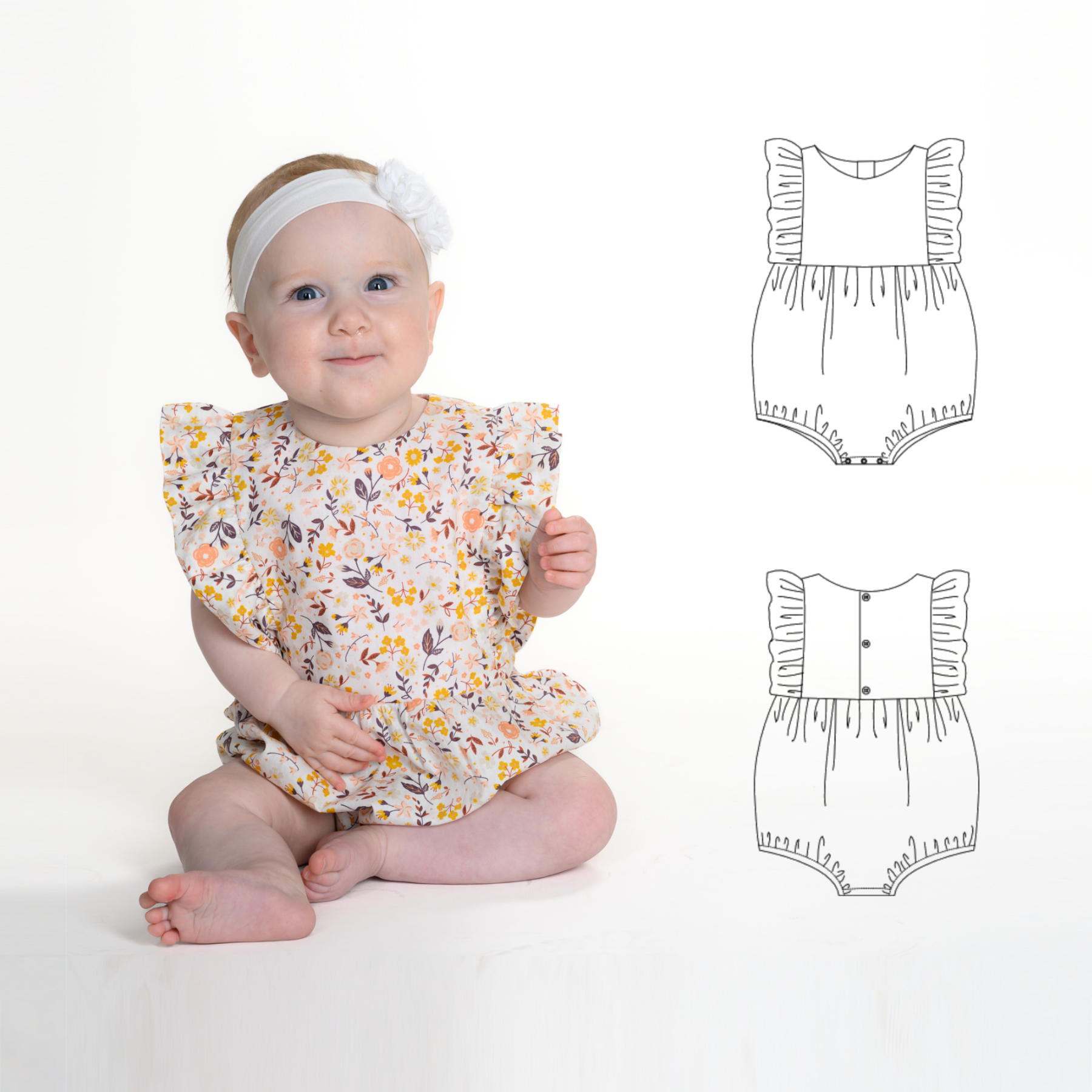 CHIARA Baby Bloomer Romper Sewing Pattern PDF | Ruffle Armholes Playsuit 0M–2Y | Summer Jumpsuit for Girls | Instant Download