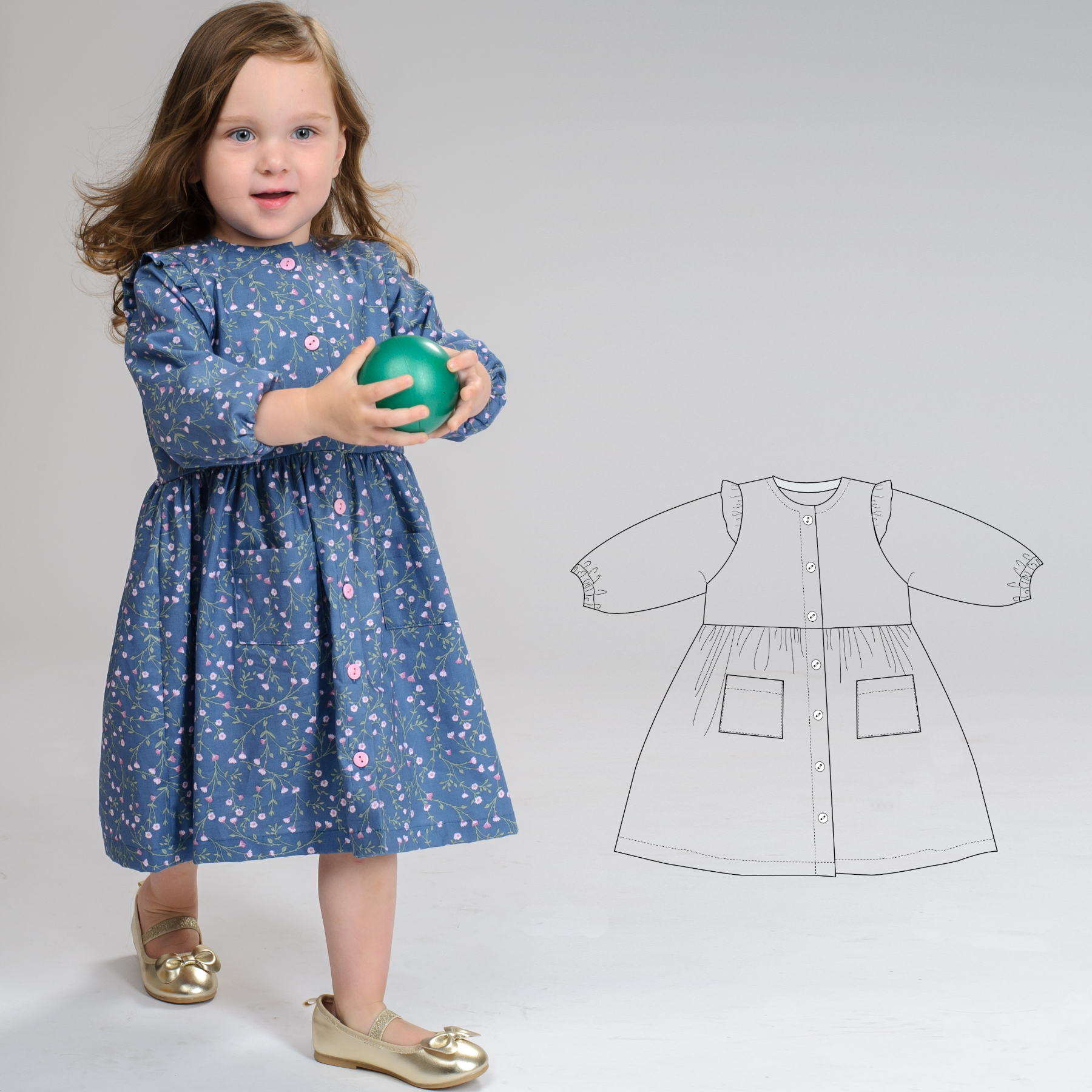 MIMI Girls’ Dress Sewing Pattern PDF – Woven Dress with Sleeveless & Long Sleeve Options – Button Front – Sizes 6m–7y – Easy to Sew