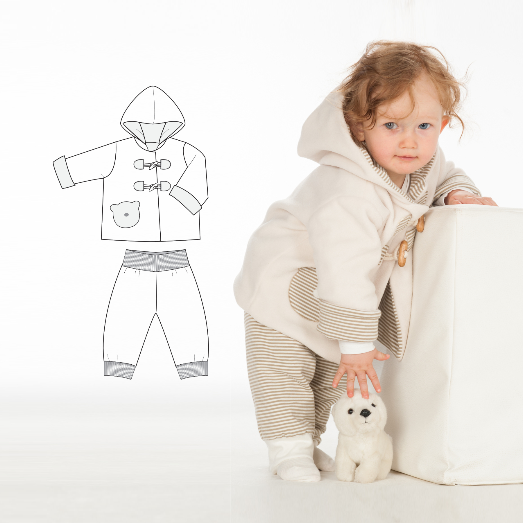 BRIO Hooded Jacket & LUCCA Baby Pants Sewing Pattern PDF | Lined Coat & Reversible Pants 3M–4Y | Instant Download