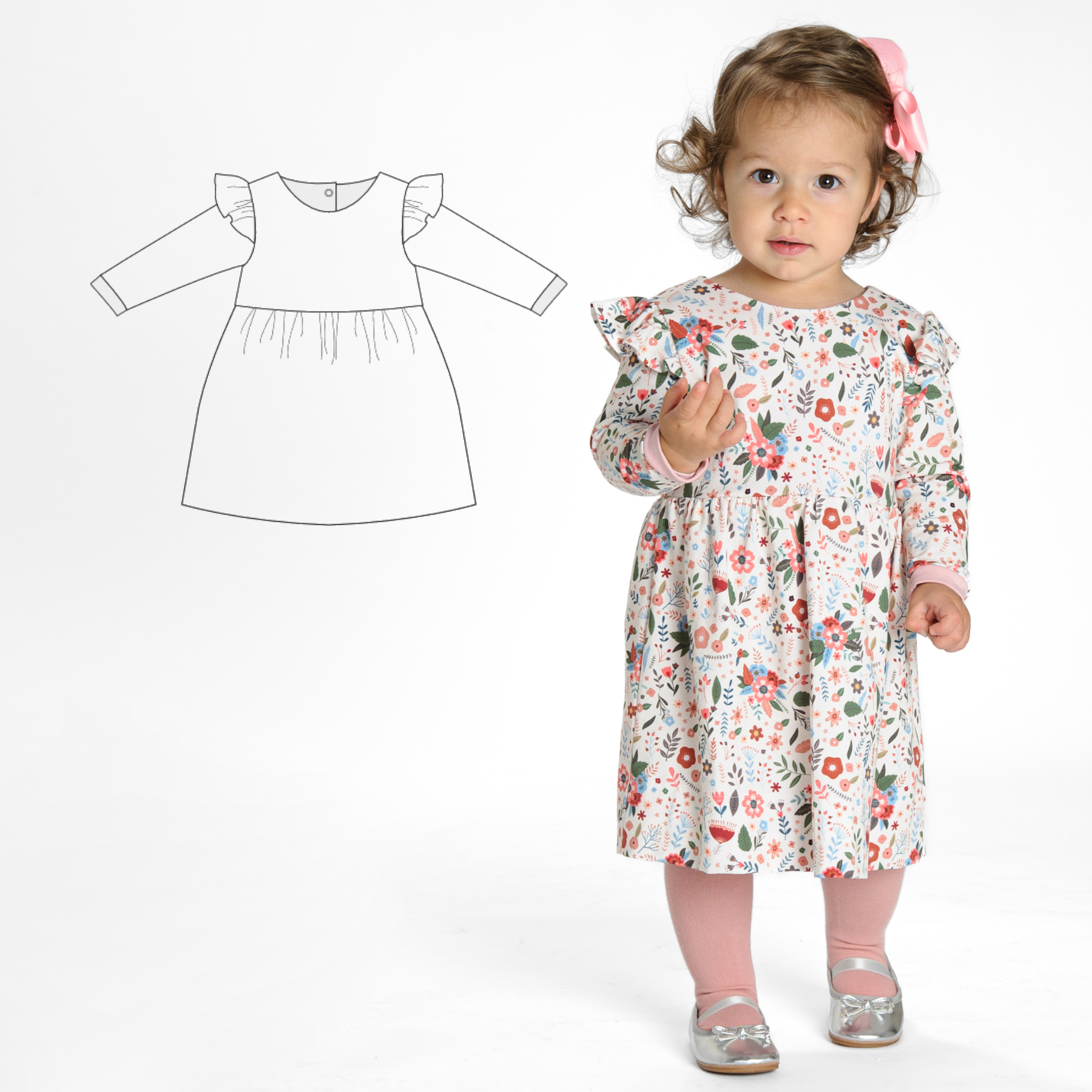 ELLA Baby & Toddler Dress Sewing Pattern PDF | Retro High-Waist Dress 0M–4Y | Long Sleeve or Sleeveless | Instant Download