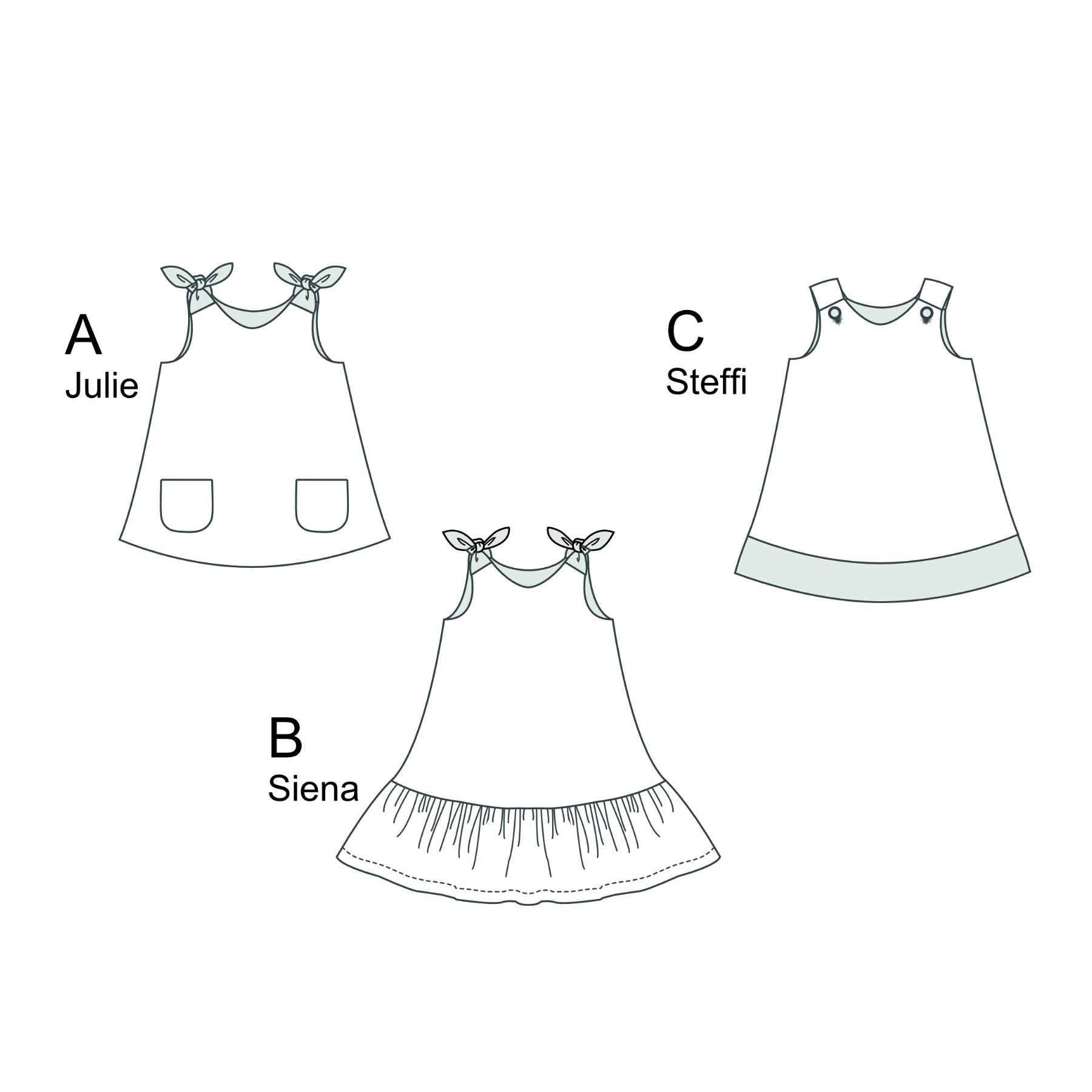 Jule Steffi Siena Girls’ Dress Sewing Pattern PDF | 3 Tunic-Style Dresses in 1 | Sizes 9M–12Y | Instant Download