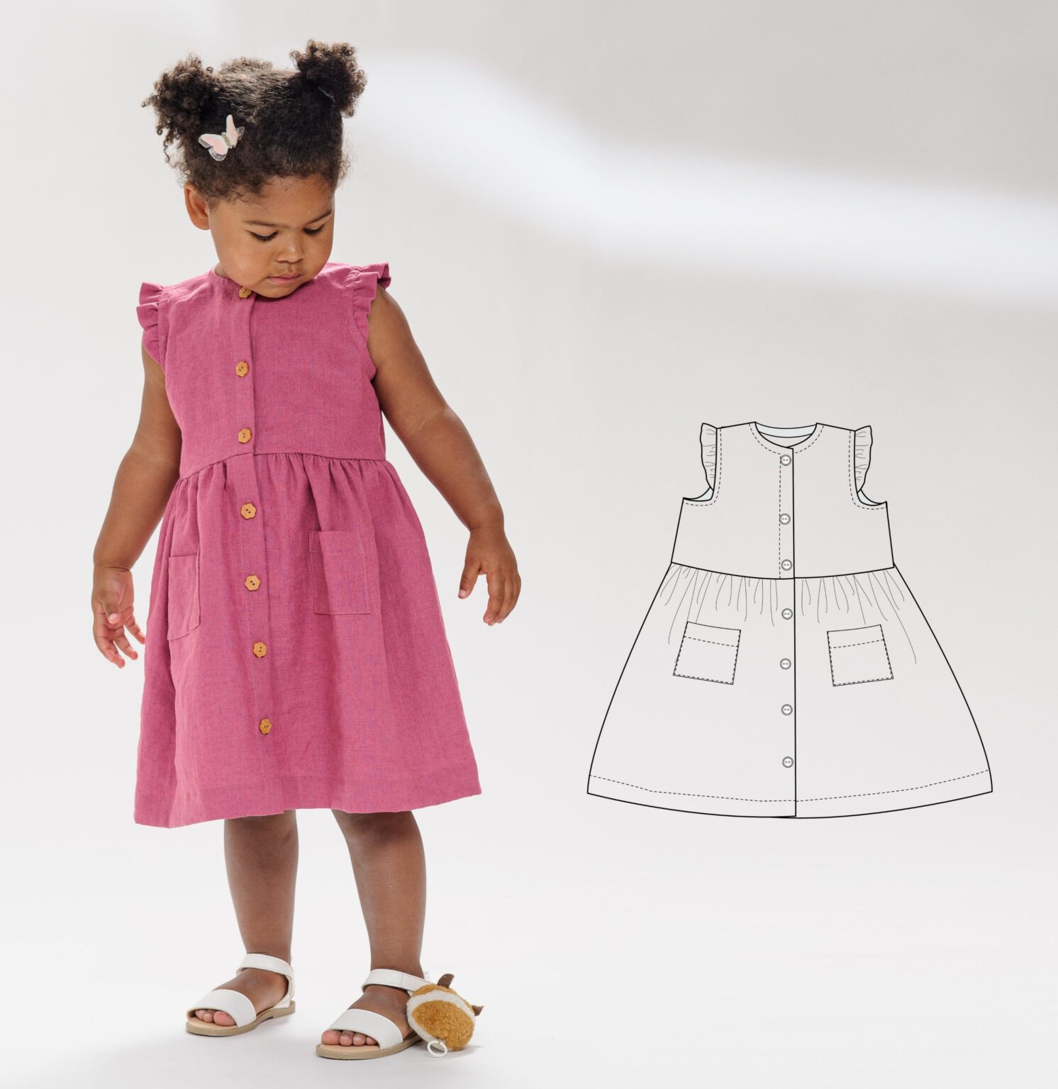 Girls’ dress pattern MIMI with ruffled sleeves, buttoned front opening size 68-122 sewing pattern pdf from Patternforkids