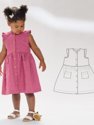 Girls’ dress pattern MIMI with ruffled sleeves, buttoned front opening size 68-122 sewing pattern pdf from Patternforkids